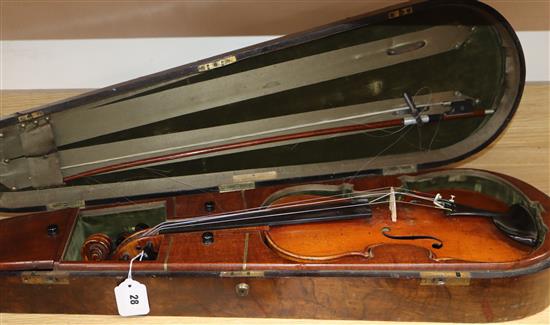 A late 19th/early 20th century English (?) violin with Bausch bow and Victorian burr walnut case